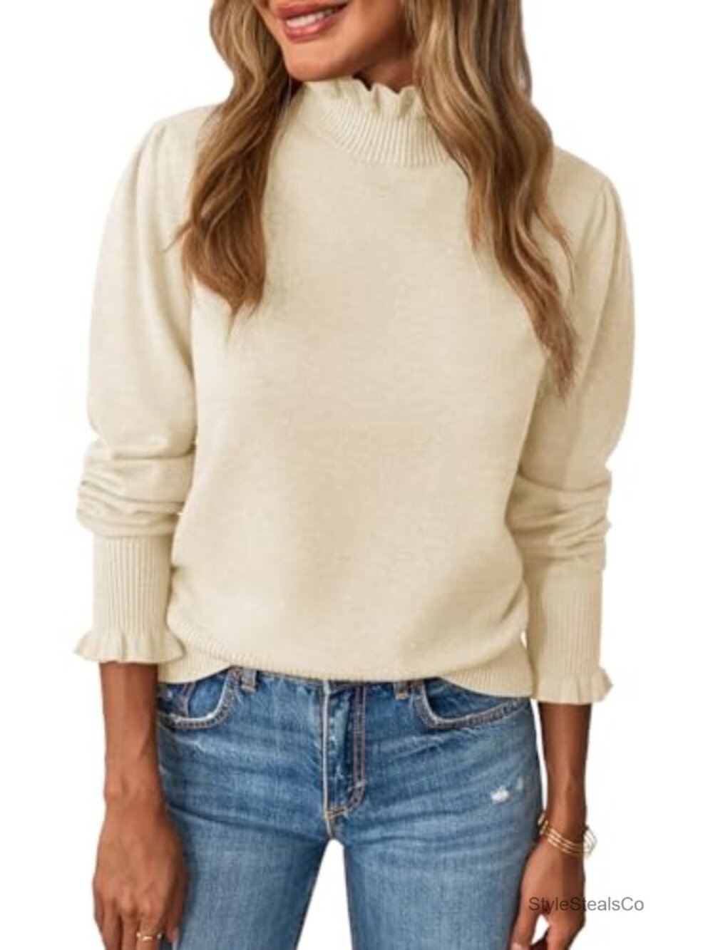 Ruffle Mock Neck Puff Sleeve Knit Pullover Sweater